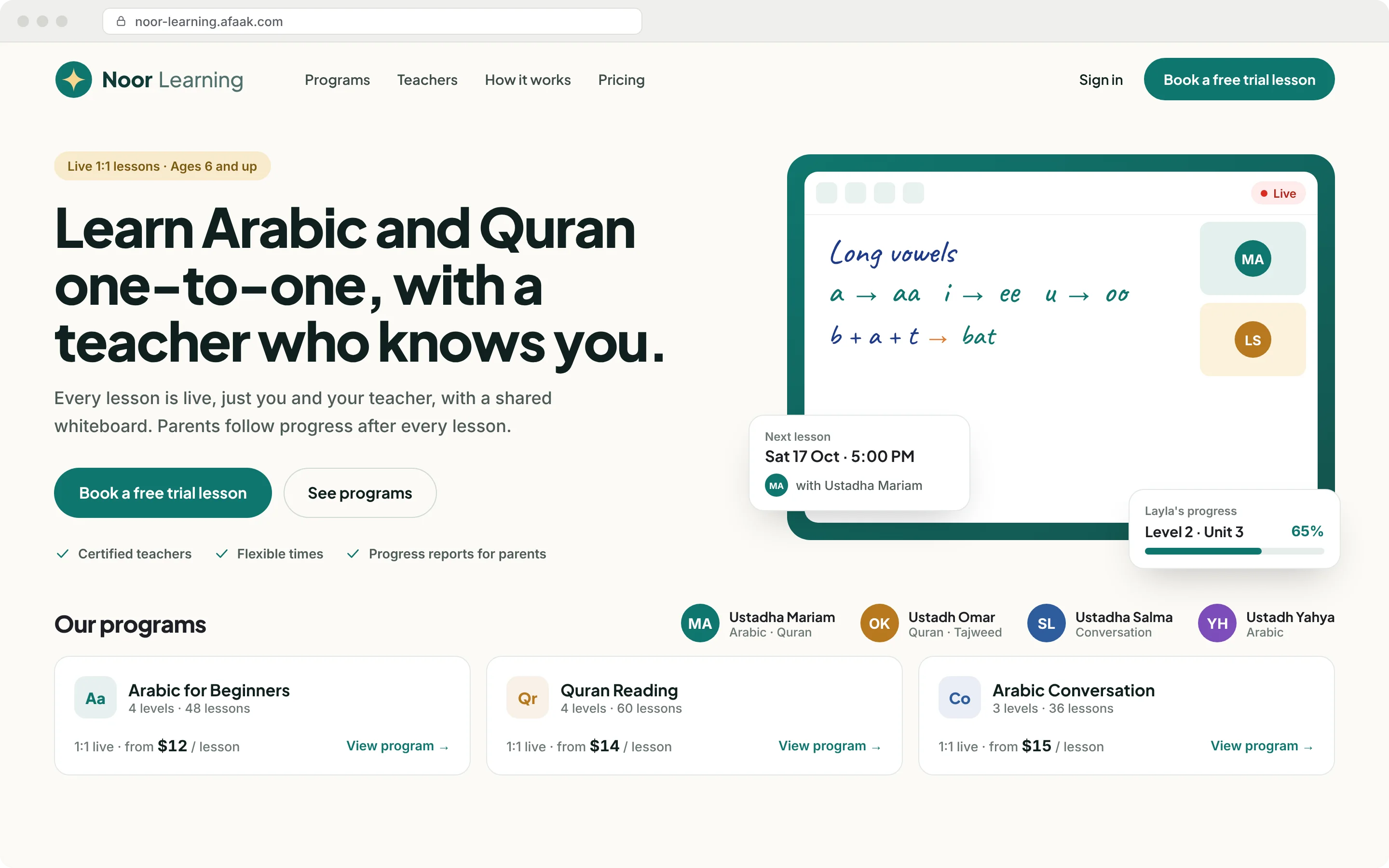 Mockup: a demo academy's branded landing page on its Afaak address