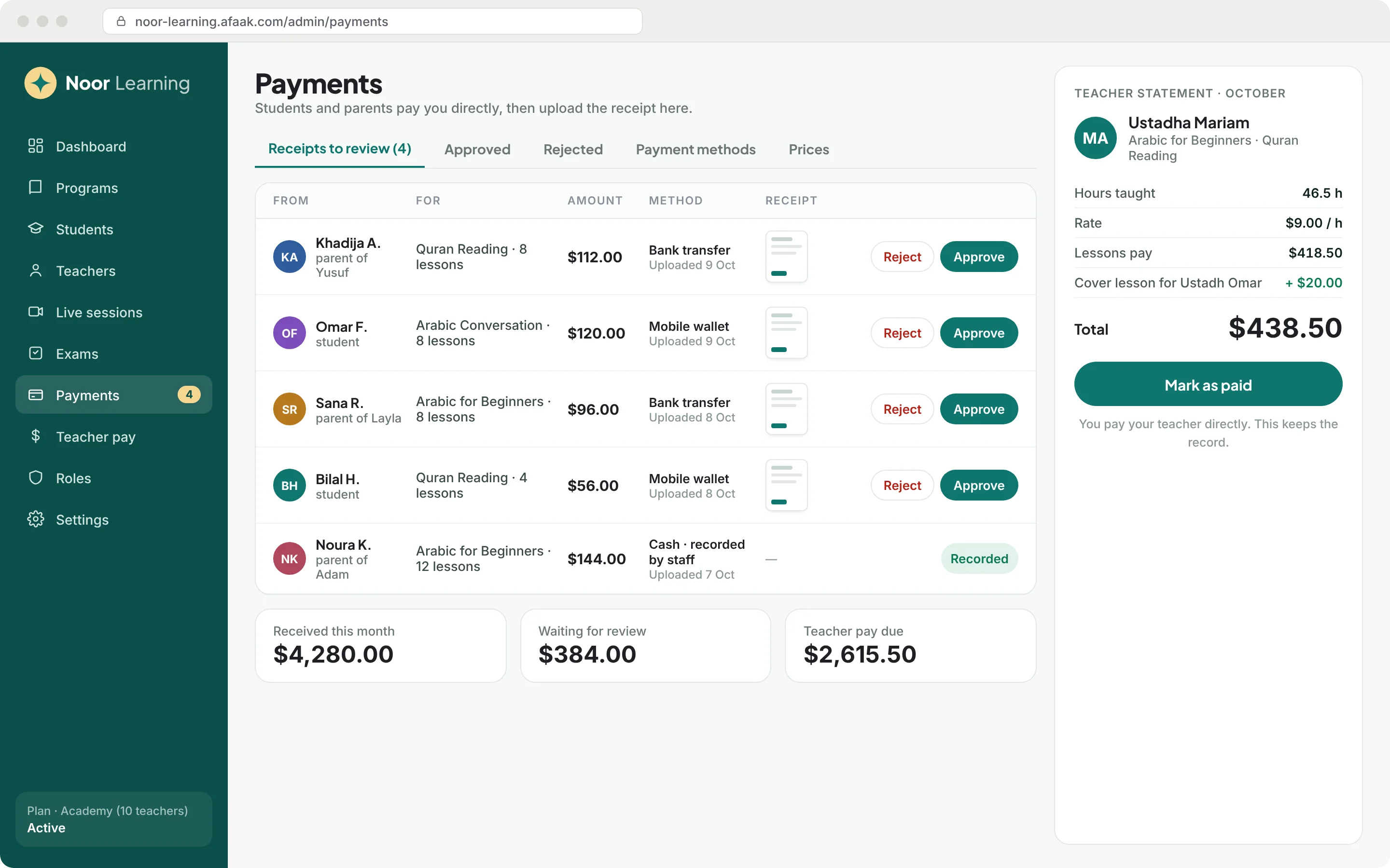 Mockup: payment receipts waiting for approval and a teacher's monthly statement
