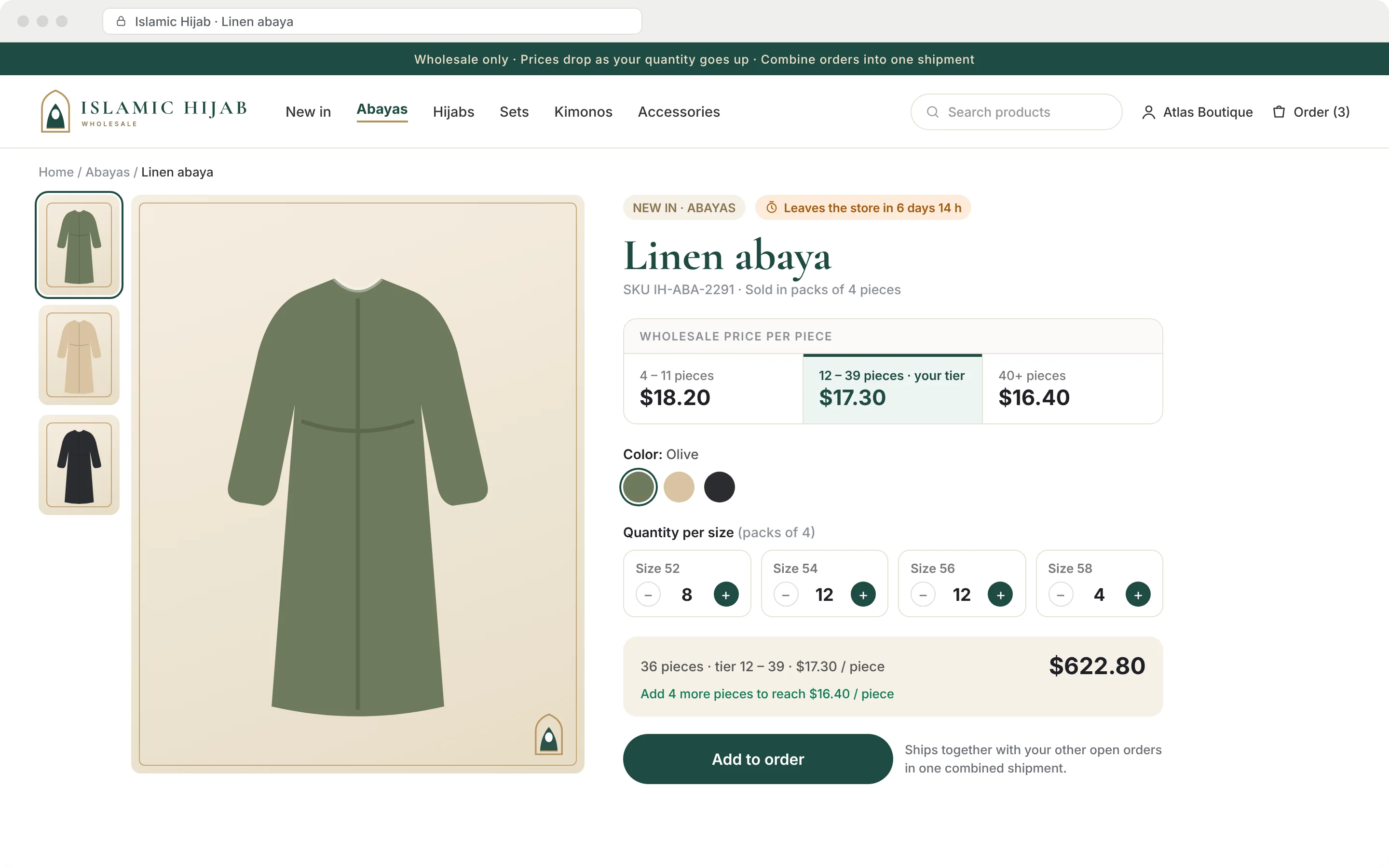 Mockup: a store product page with a tiered price table, a size picker with quantities and the category timer