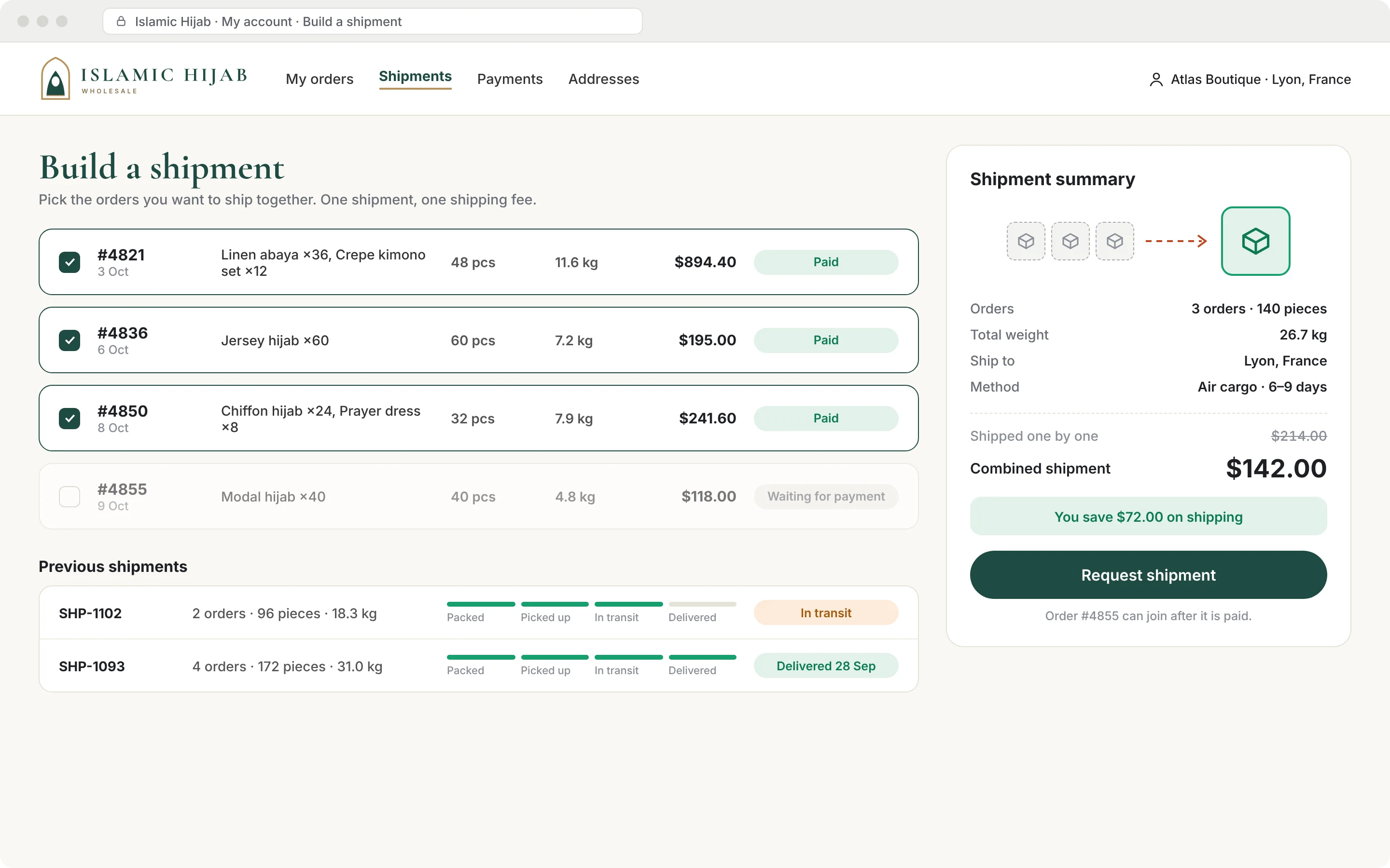 Mockup: the buyer's shipment builder, combining three orders into one shipment and showing the shipping saved