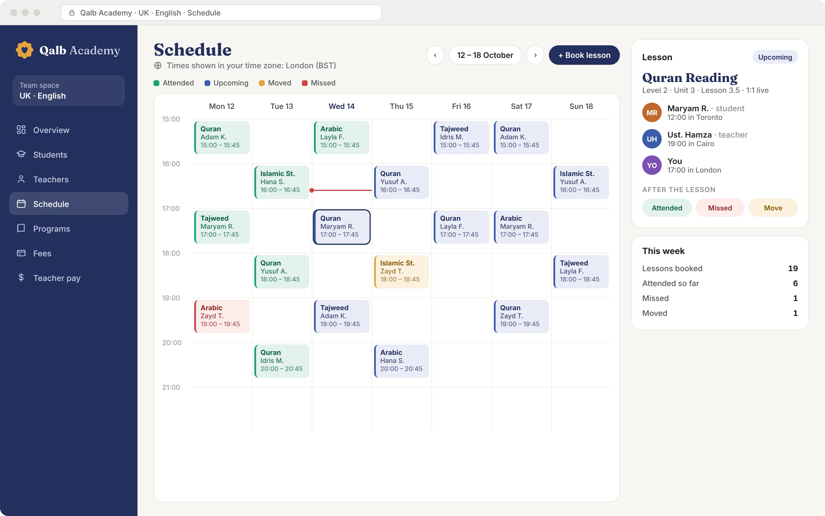 Mockup: a team's weekly schedule of 1:1 lessons in the viewer's time zone, with each lesson's attendance status