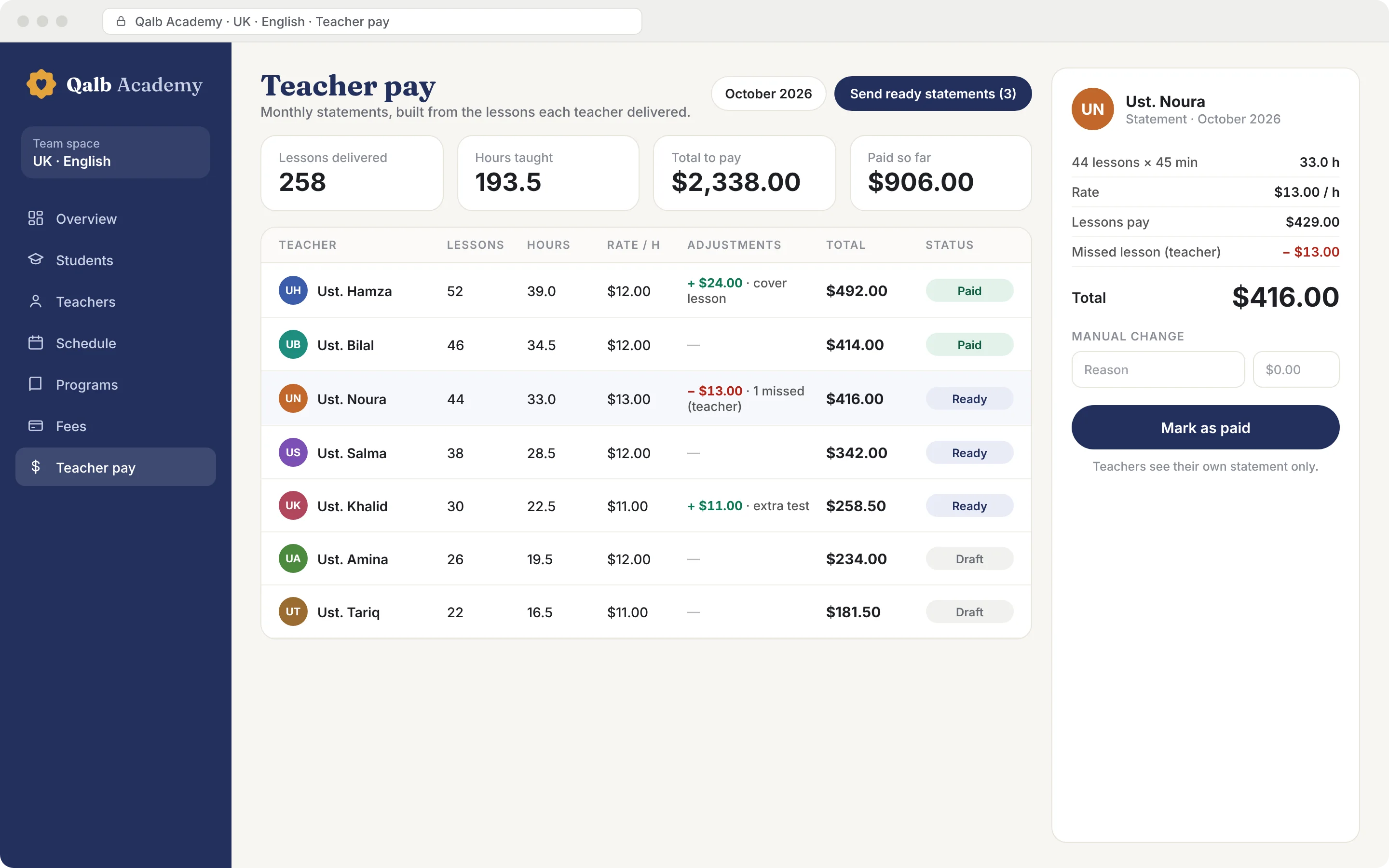 Mockup: monthly teacher statements with hours, rate, adjustments, total and status
